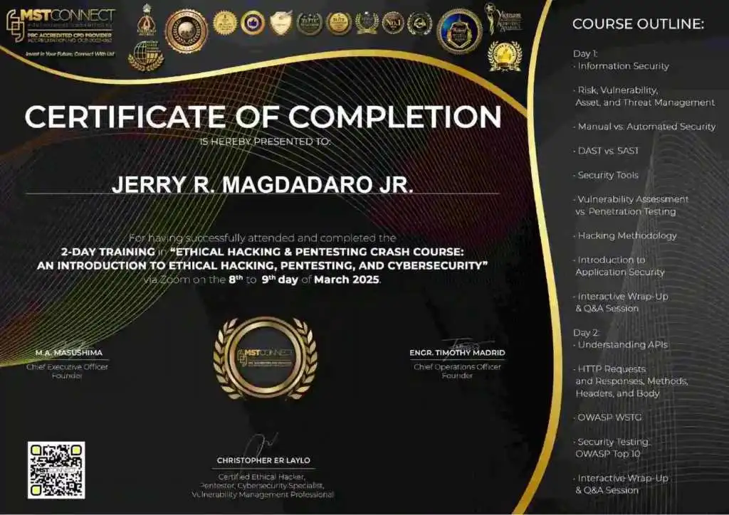 Certificate of Ethical hacking color black.