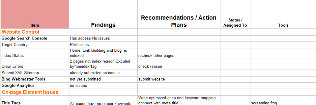 Website audit chart excel data.