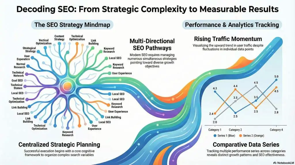 Internal linking SEO mindmap illustrating multi directional SEO pathways and measurable traffic results