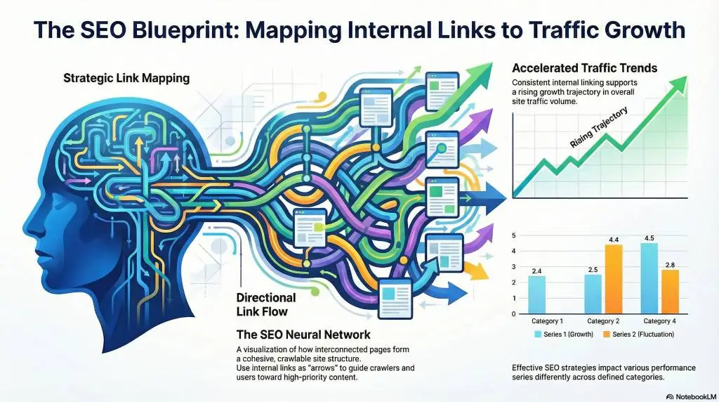 Internal linking SEO blueprint mapping strategic link flow to website traffic growth analytics