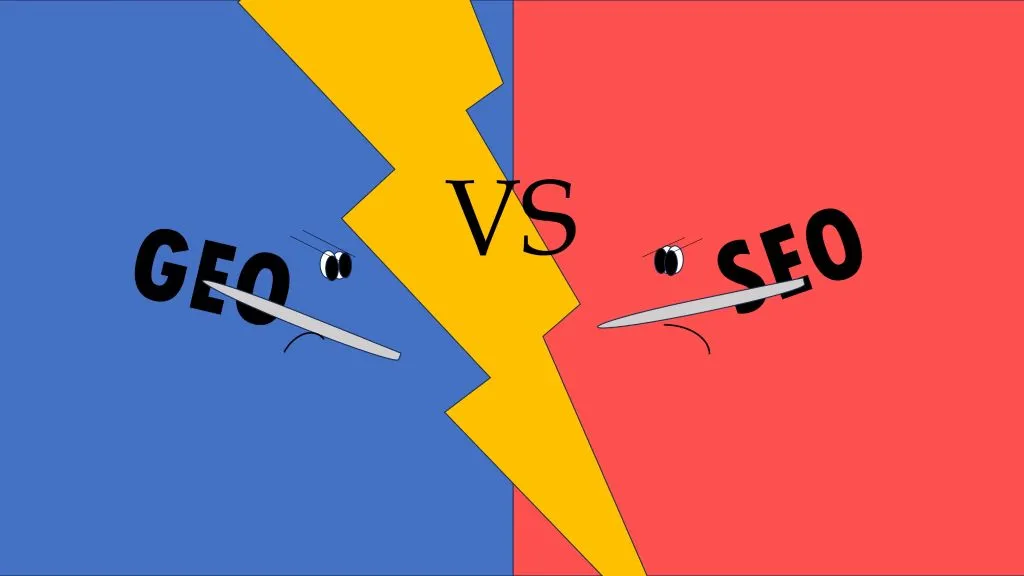 Graphic illustration depicting a GEO vs SEO concept split with a yellow lightning bolt.